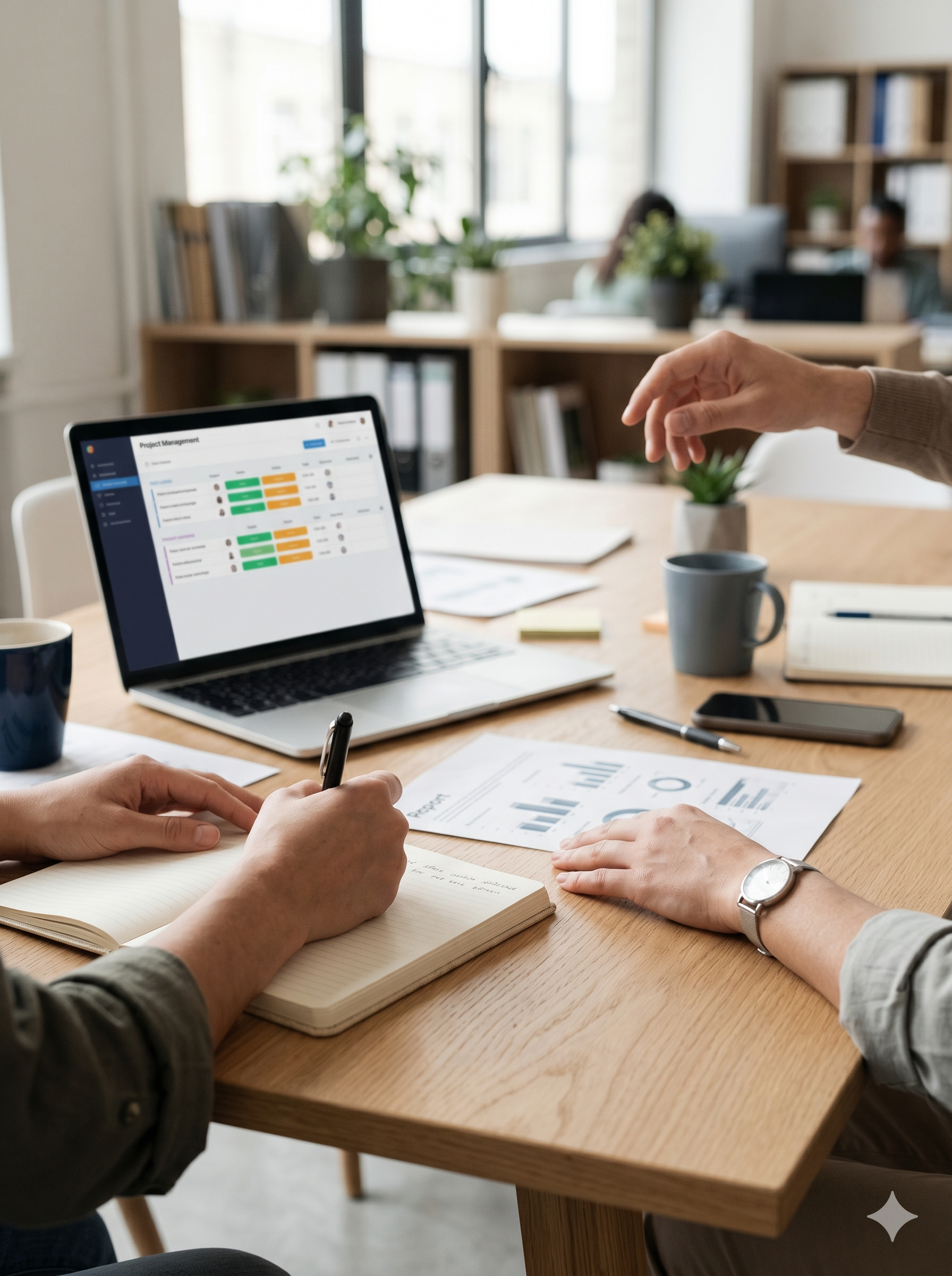 Spotkanie zespołu przy laptopie z systemem zarządzania projektami — współpraca podczas wdrożenia systemu dla firmy